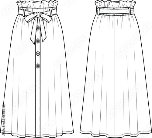 long high waisted paperbag waist skirt front and back view with bow and button down detail, fashion flat, sewing pattern, cad drawing flat vector illustration