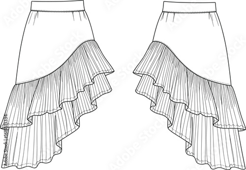 Asymmetrical skirt fashion design, pleated ruffle detail, layered cascading hem, garment flat sketch, apparel technical drawing, clothing pattern template, cad drawing flat vector illustration