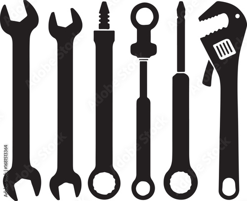Black wrenches and tools on white background spanner
