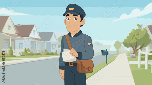 Friendly mail carrier delivering mail in suburban neighborhood