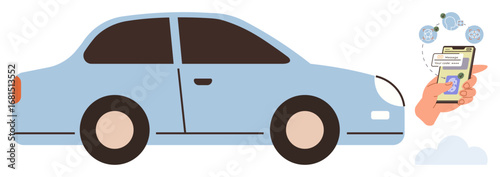 Blue car and hand holding phone showing vehicle control app notifications. Ideal for technology, mobility, smart devices, automation, connectivity, app usage, transport concepts. Simple flat metaphor