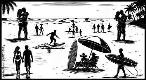 Vector art of diverse group of people enjoying a sunny day at the beach with surfing, couples embracing, and families relaxing under an umbrella