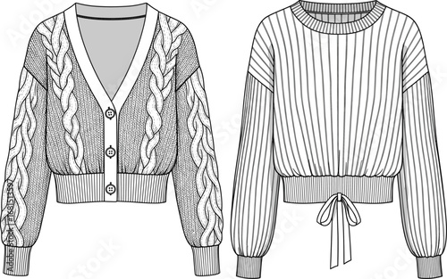 women cardigan sweater, cable knit button up, v neck pullover, ribbed cuffs and hem, drawstring waist jumper, winter fashion wear, cad drawing flat vector illustration