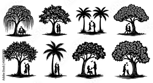 Vector art of set of romantic silhouette illustrations depicting couples embracing under various types of trees and palm trees