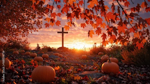 Cross and Pumpkins at Sunset