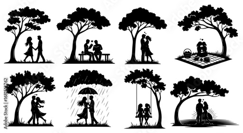 Vector art of collection of romantic couple silhouettes under trees, some in rain, some on a swing