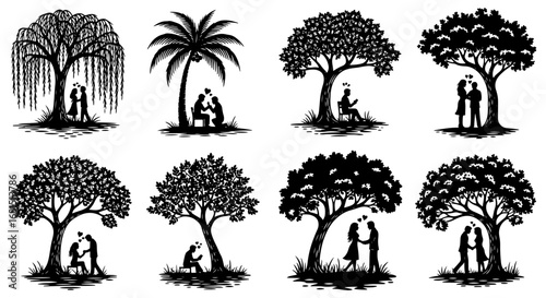Vector art of collection of romantic silhouette illustrations showing couples interacting under different trees and palm trees