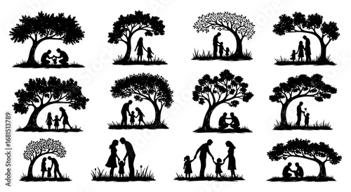 Vector art of family silhouettes under trees, showing parents and children in various poses