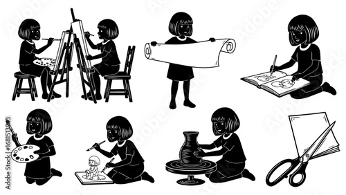 Vector art of set of eight black and white illustrations depicting a girl involved in diverse artistic pursuits
