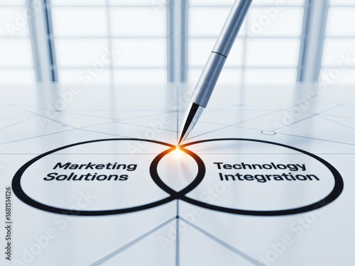 Marketing solutions and technology integration concept with a pen pointing at the intersection