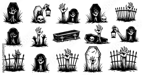 Vector art of compilation of scary halloween illustrations featuring zombie hands, skulls, coffins, and fences