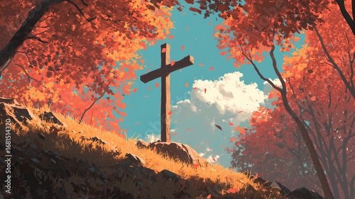 Wooden Cross on Grassy Knoll in Autumn Foliage