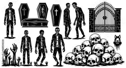 Vector art of halloween scene with zombies, coffins, a graveyard gate, and a pile of skulls