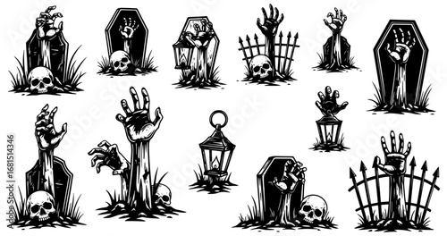Vector art of collection of spooky halloween illustrations featuring zombie hands emerging from graves and coffins