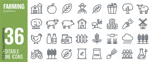 A set of 36 thin line farming and agriculture icons arranged in a 6x6 grid layout on a white background.