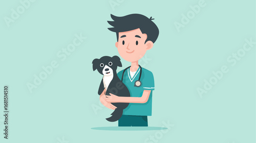 Friendly vet holding a dog illustration
