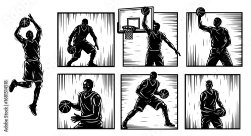 Vector art of collection of black silhouette basketball players in action poses