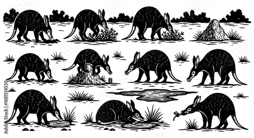 Vector art of set of black and white illustrations of aardvarks foraging and interacting with their environment