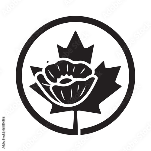 Monochromatic Emblem of a Poppy Flower and Maple Leaf Inside a Circular Border