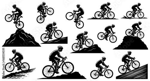 Vector art of collection of diverse mountain biker silhouettes performing various stunts and riding on different terrains
