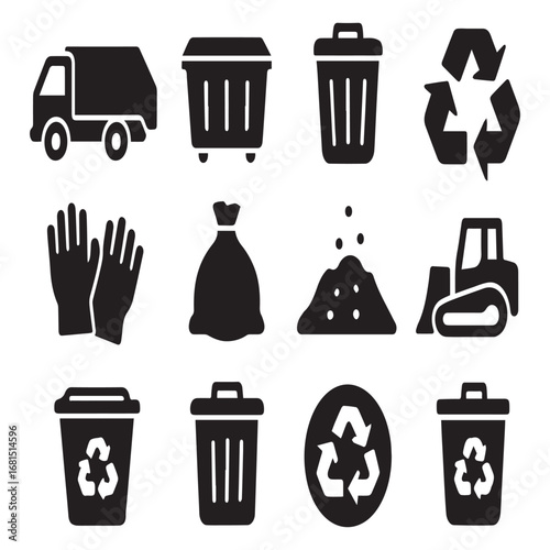 Collection of trash and recycling icons isolated on white background in black