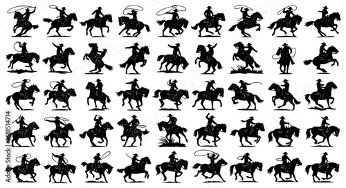 Vector art of silhouette collection of cowboys riding horses and roping