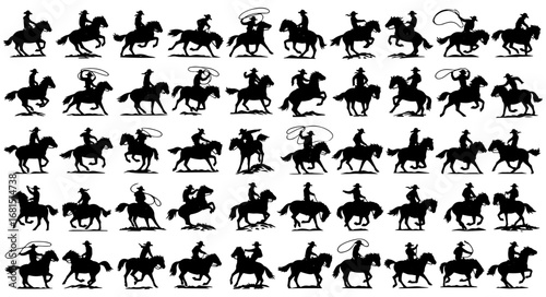 Vector art of silhouette collection of cowboys riding horses and roping