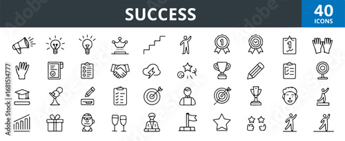 A set of 40 black and white line art icons arranged in a grid format with SUCCESS text in white at the top and 40 ICONS in white on a blue square in the top right corner.