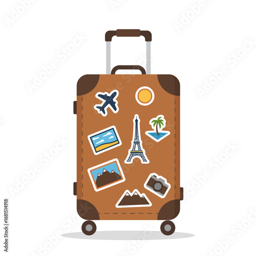 Travel Ready: A vibrantly colored travel suitcase decorated with destination stickers ready to embark on new adventures and the thrill of exploration.
