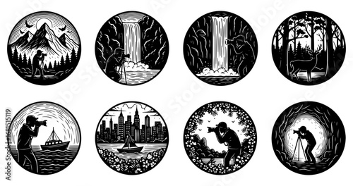 Vector art of set of circular illustrations depicting photographers capturing diverse landscapes and cityscapes