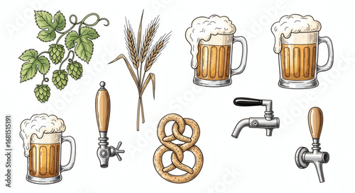 Set of hand drawn hoppy illustrations of beer brewing. Doodle drawings of hops vines, overflowing beer mugs, barley stalks, pretzels, and vintage beer tap handles