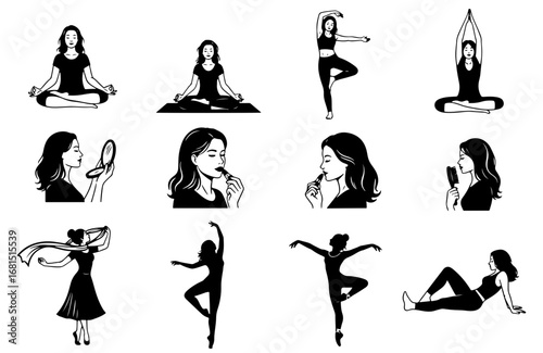 Vector art of collection of female silhouette icons representing yoga, ballet, and beauty routines