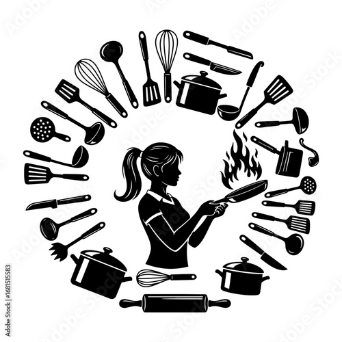 Vector art of silhouette of a woman cooking surrounded by kitchen utensils and cookware