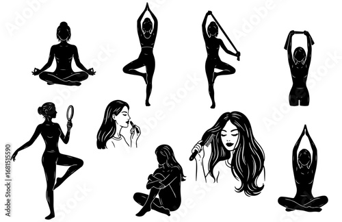 Vector art of set of female silhouette icons depicting yoga, dance, and selfcare activities