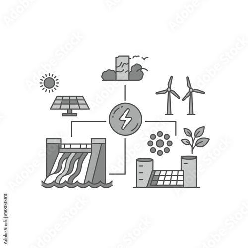 Sustainable Energy Sources: Illustration depicts various sustainable energy sources including solar panels, wind turbines, hydroelectric dam, nuclear plant.