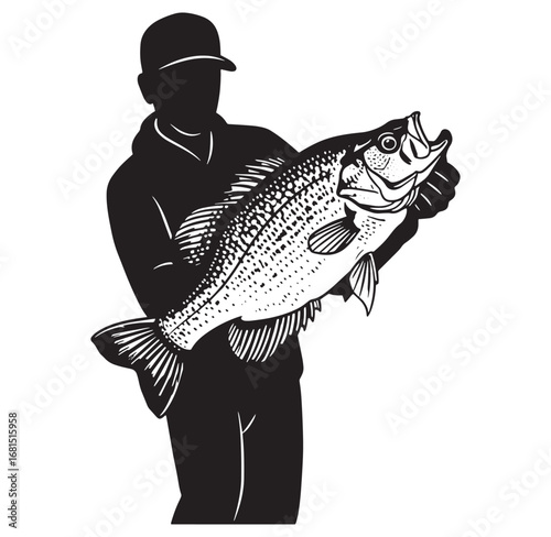 A silhouette of a fisherman proudly holding a large fish a black and white vector