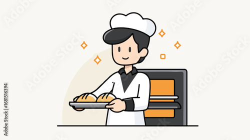Happy baker holding bread tray