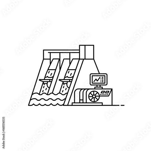 Hydroelectric Power Plant: A minimalist black and white outline of a hydroelectric power plant, showcasing its structure, water flow, and monitoring systems.
