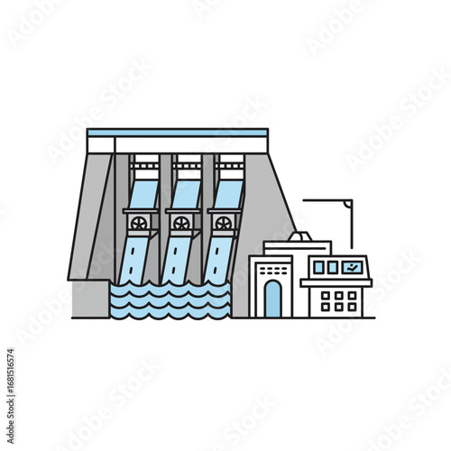 Harnessing Power: Clean energy concept illustration depicting a hydroelectric dam in a modern, minimalist style, emphasizing the power of nature.