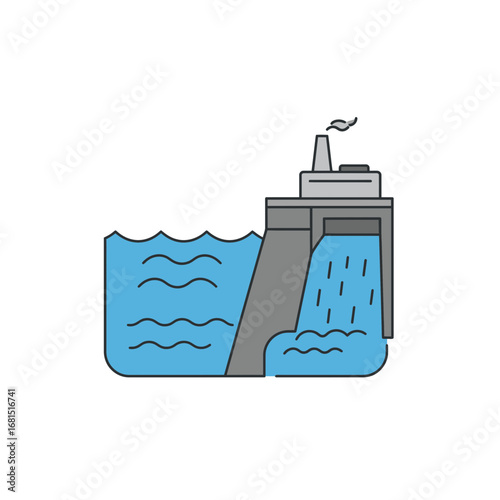 Water Dam Illustration: A stylized illustration of a dam, showcasing its functionality, with water cascading down a spillway into the lower reservoir.