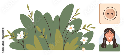 Green leaves and flowers in a garden, smiling woman portrait, and button design. Ideal for nature, fashion, creativity, minimalism, personal identity, environmental care simple flat metaphor