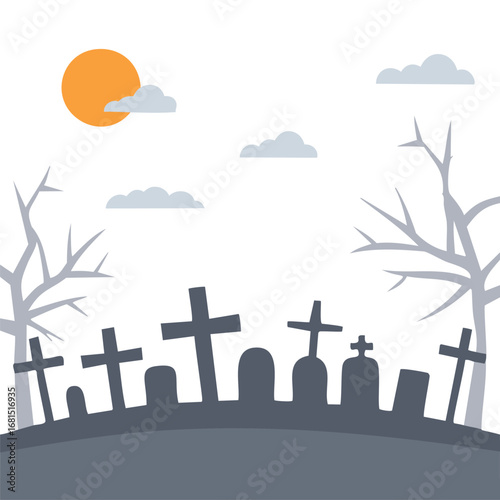 Graveyard scene with bare trees and orange sun cemetery tombstones