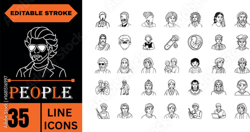 A set of 35 unique, hand-drawn line art icons representing a variety of people's faces and upper bodies, suitable 