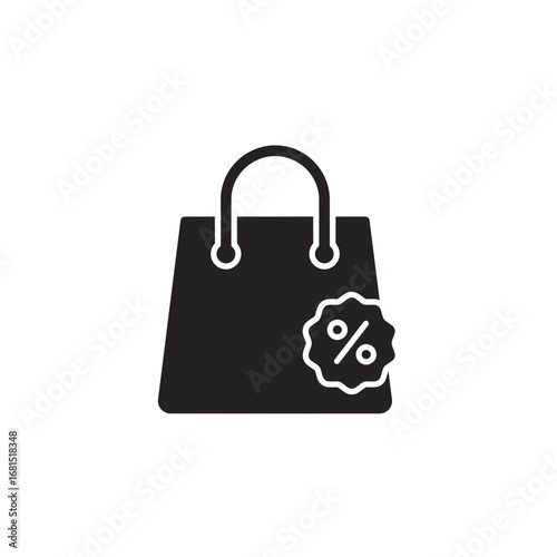 Discount Bag Icon: A simple, elegant black shopping bag silhouette adorned with a percentage symbol, subtly suggesting a promotion. Emphasizing on savings, retail, and purchasing.