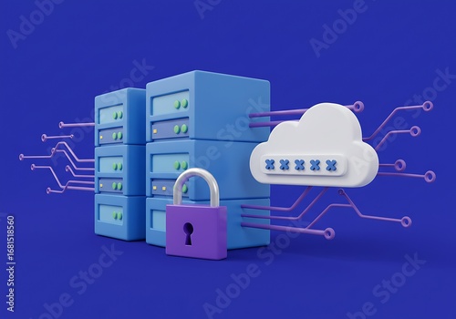 Secure cloud computing with data servers, a padlock, and digital network connections symbolizing data protection and IT infrastructure.