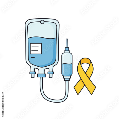 Support and Symbolism: Illustration of a medical IV bag with a yellow ribbon, representing hope, strength, and solidarity in the fight against disease.