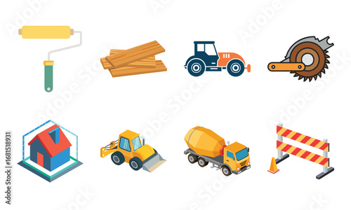 Construction and Building Icons Set – Architecture Tools, Engineering Equipment, Construction Site, Crane, Safety Helmet, Concrete Mixer, Bulldozer, Power Drill, Saw, Hammer, Ruler, Paint Roller, Wood