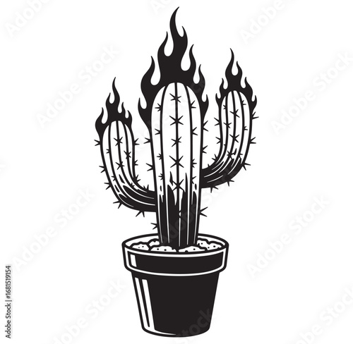 Black and white illustration of a fiery cactus plant in a decorative pot