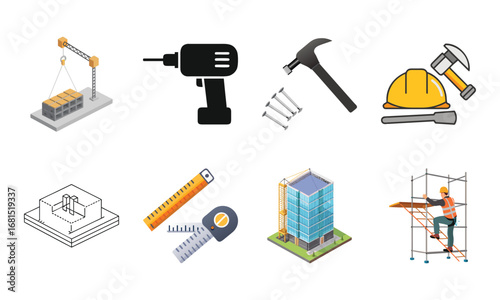 Construction and Building Icons Set – Architecture Tools, Engineering Equipment, Construction Site, Crane, Safety Helmet, Concrete Mixer, Bulldozer, Power Drill, Saw, Hammer, Ruler, Paint Roller, Wood
