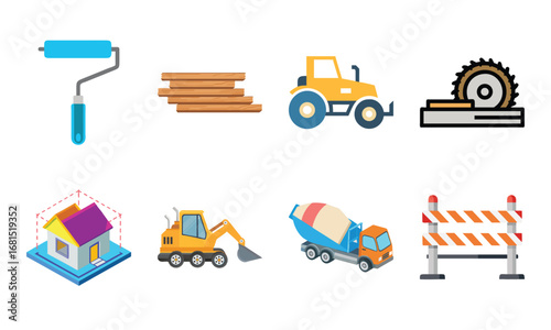 Construction and Building Icons Set – Architecture Tools, Engineering Equipment, Construction Site, Crane, Safety Helmet, Concrete Mixer, Bulldozer, Power Drill, Saw, Hammer, Ruler, Paint Roller, Wood